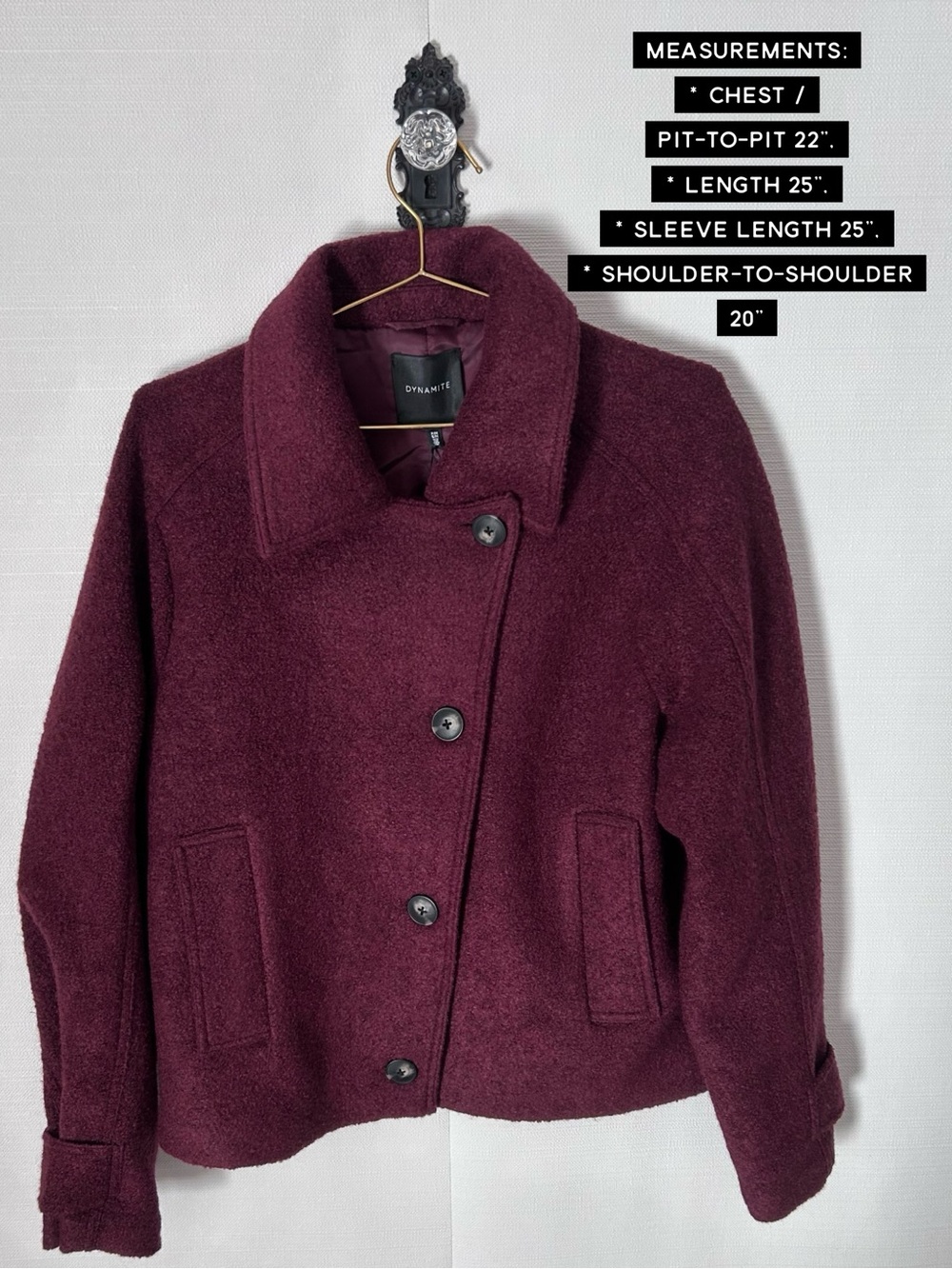 Dynamite Boiled Wool Burgundy Coat Jacket